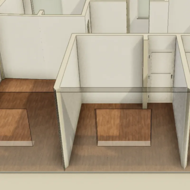 The 3D editor: a floor of three bedrooms, the middle one with its back wall in place