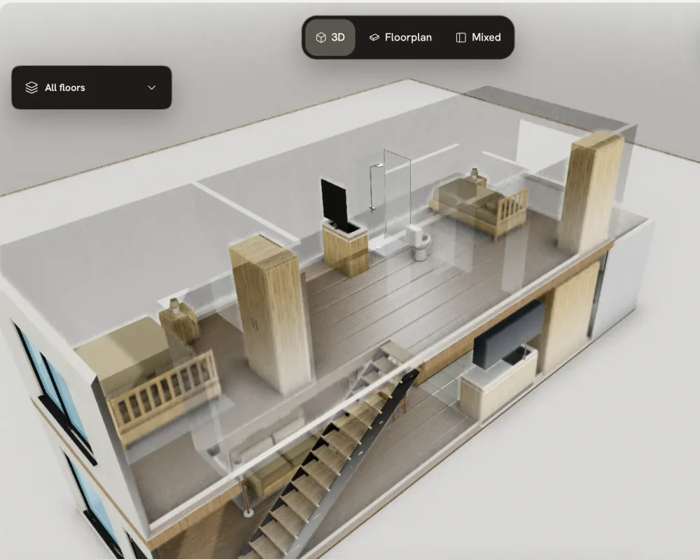 A published two-storey home on Explore in 3D, cut away to show its rooms and stair