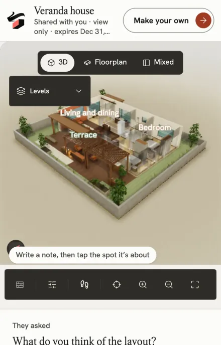 A shared home on a phone: the 3D model with its rooms named, and a prompt to pin a note
