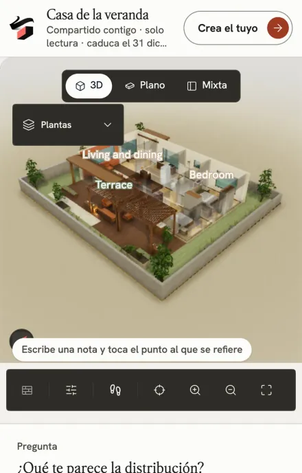 Una casa compartida en un celular: el modelo 3D con sus espacios nombrados y una invitación a fijar una nota