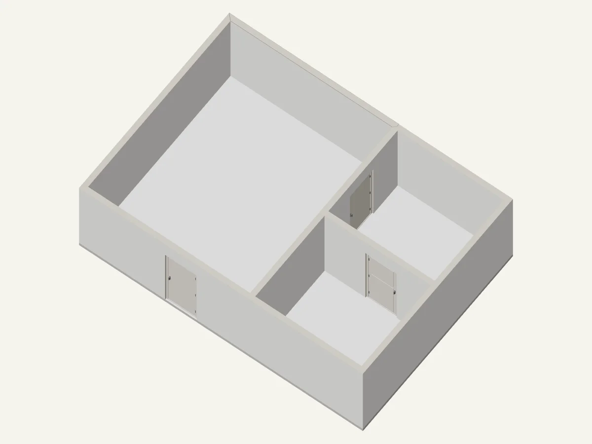 Fixed against the drawing: rear wall straightened, divisions at 4.8 and 2.8 m, and 0.9 m doors moved into place.