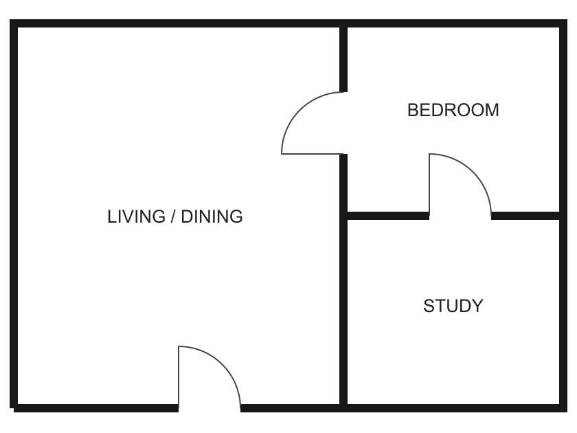 Our own 8 × 5.6 m example drawing: living room, bedroom and study. It does not represent a real home.