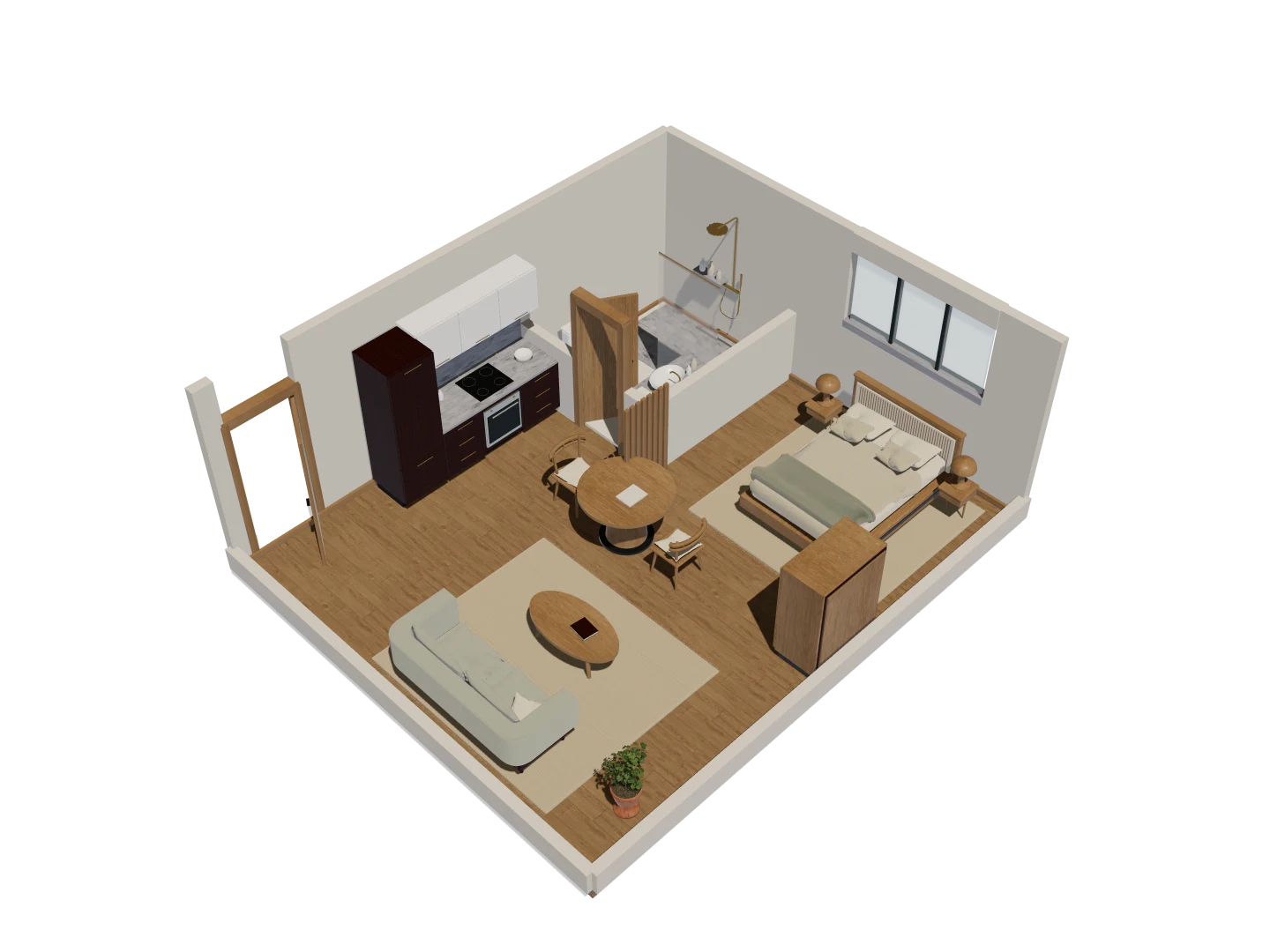 Compact studio: One open room for sleeping, cooking and sitting, plus an enclosed shower bathroom.