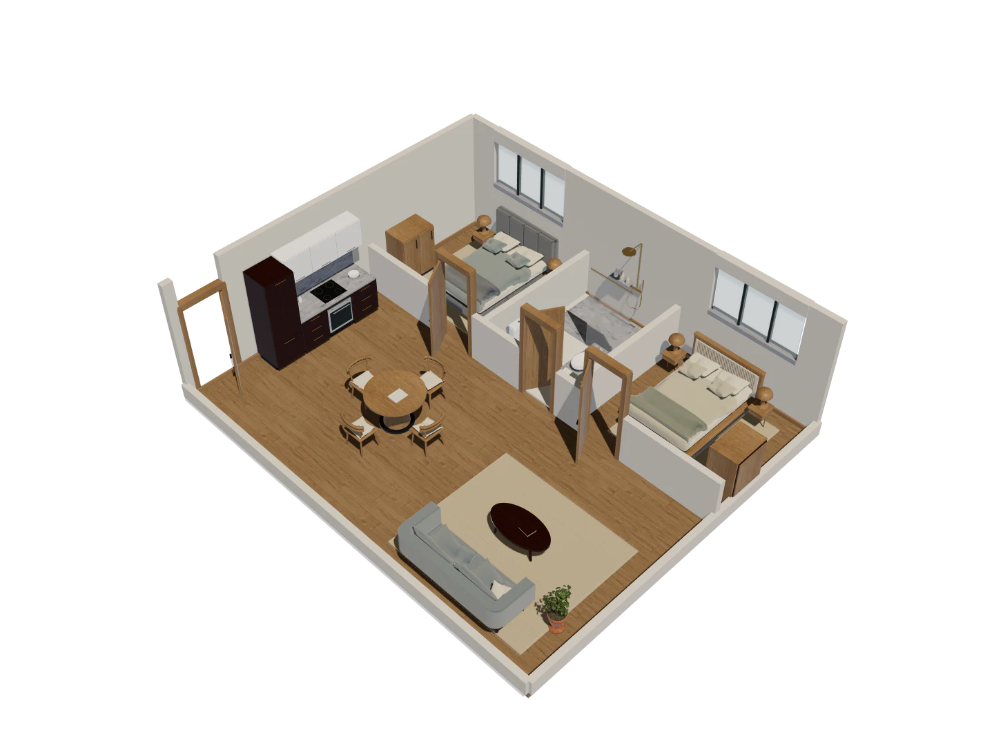 Compact two-bed: Two bedrooms either side of a shared shower bathroom, with open kitchen and living space.