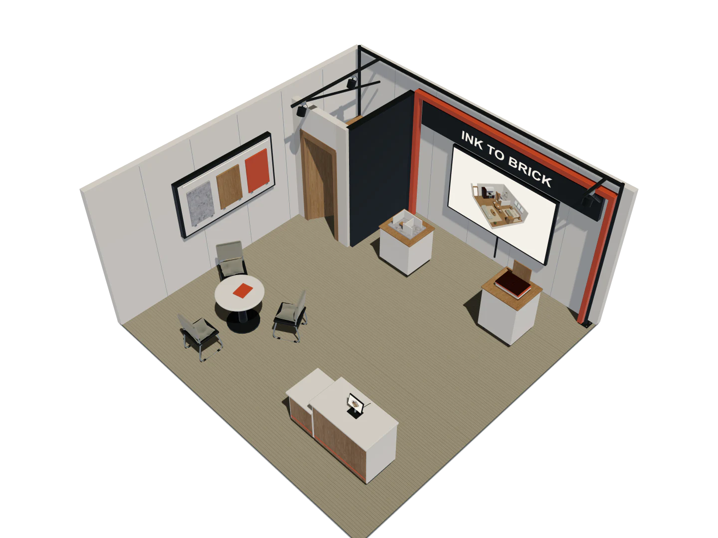 Exhibition booth: An open-corner booth with a reception counter, meeting area, display plinths and back storage.