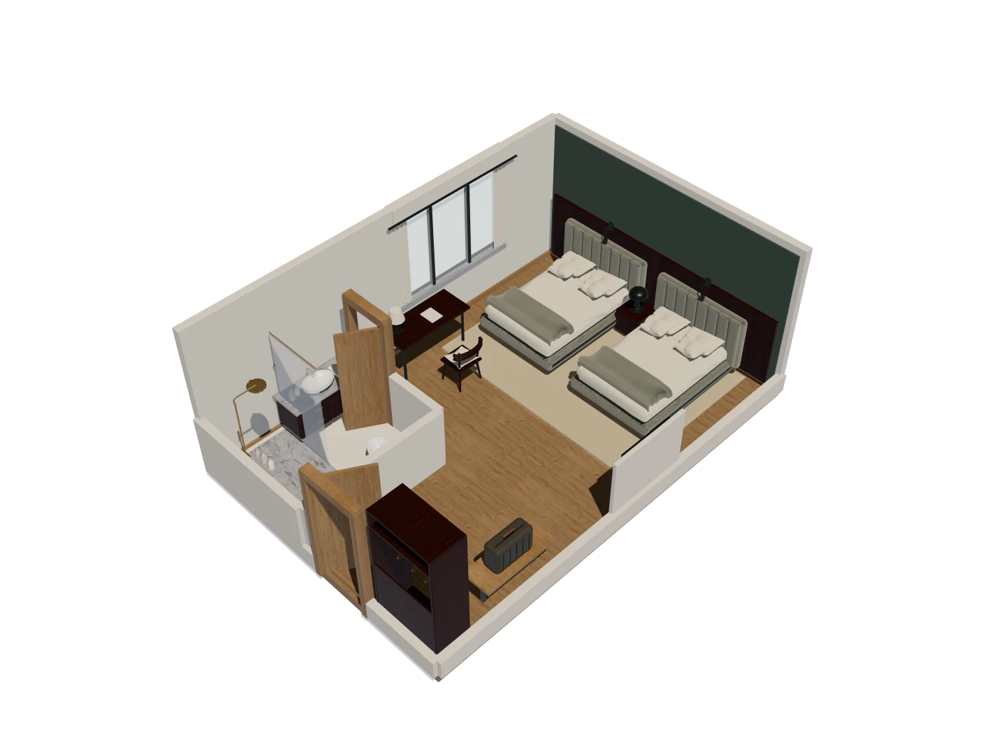Two-bed hotel room: Two beds with an enclosed shower bathroom and entry wardrobe.