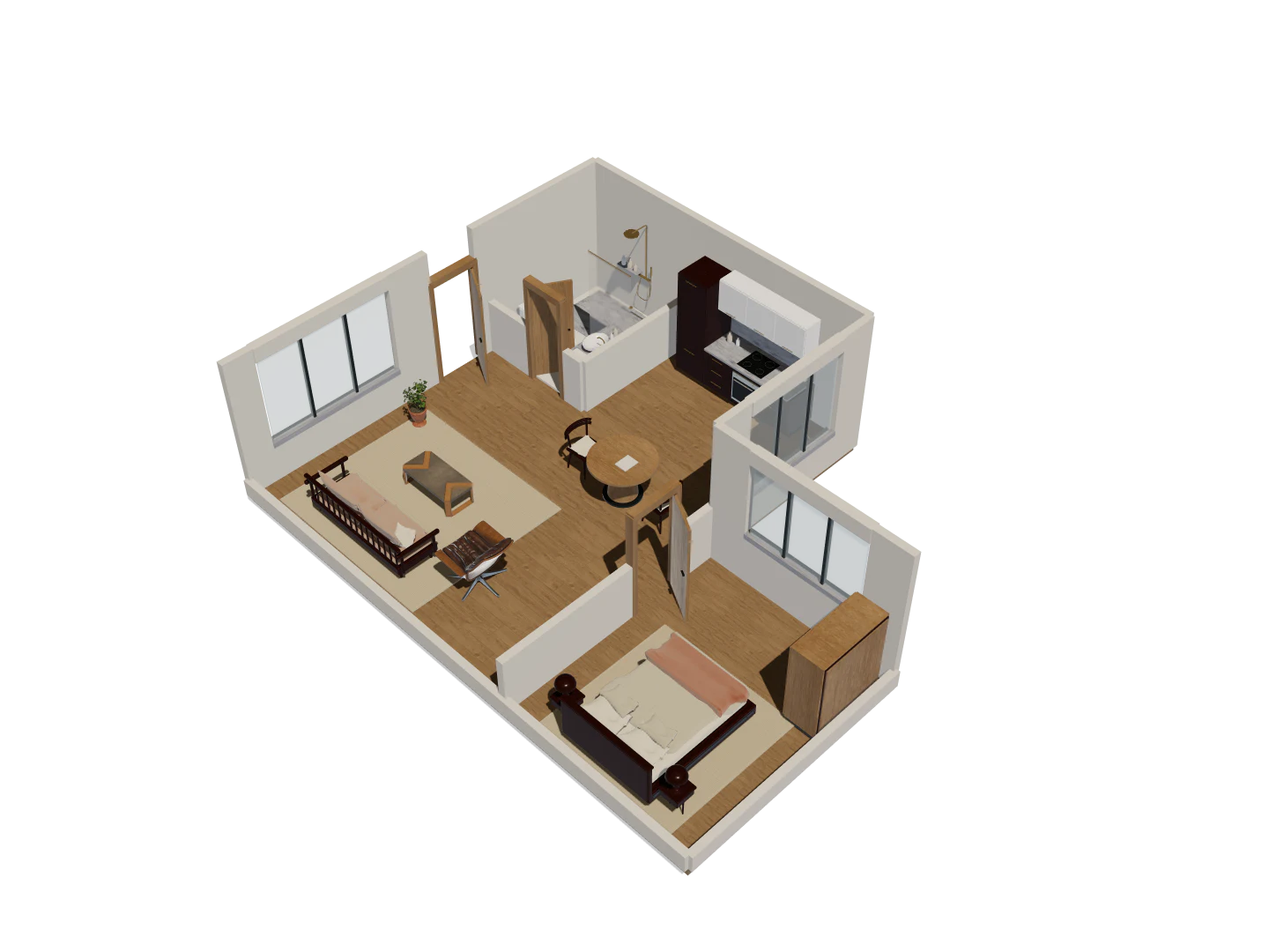 L-shaped home: An open kitchen, dining and living room that turns toward a bedroom wing.