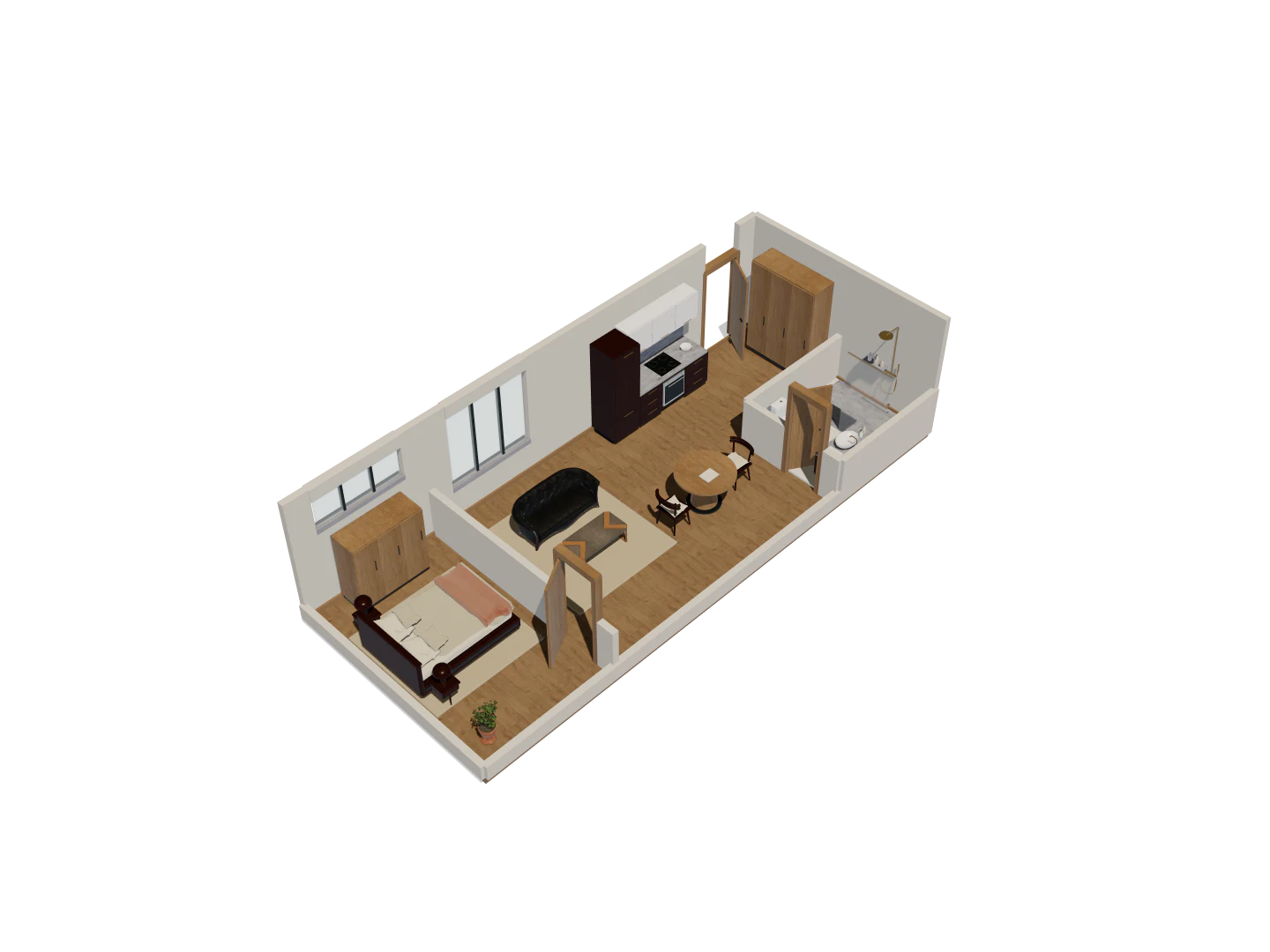 Long narrow rental: A private bedroom beyond an open kitchen, dining and living sequence.