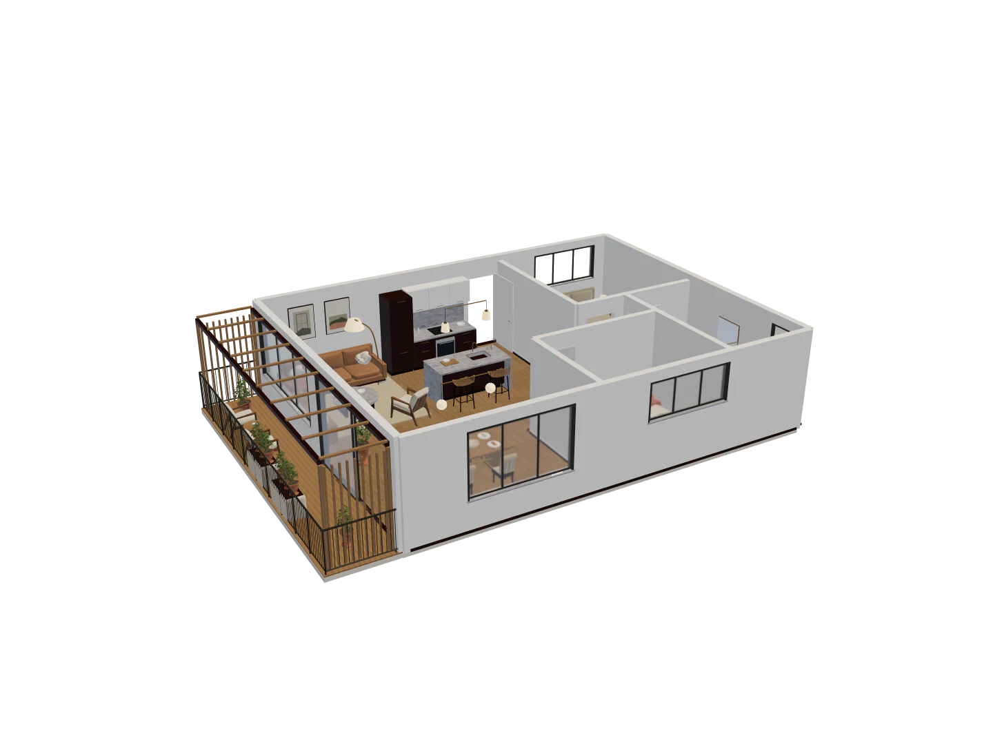 Reference apartment: A furnished apartment with connected living, dining and bedroom zones.