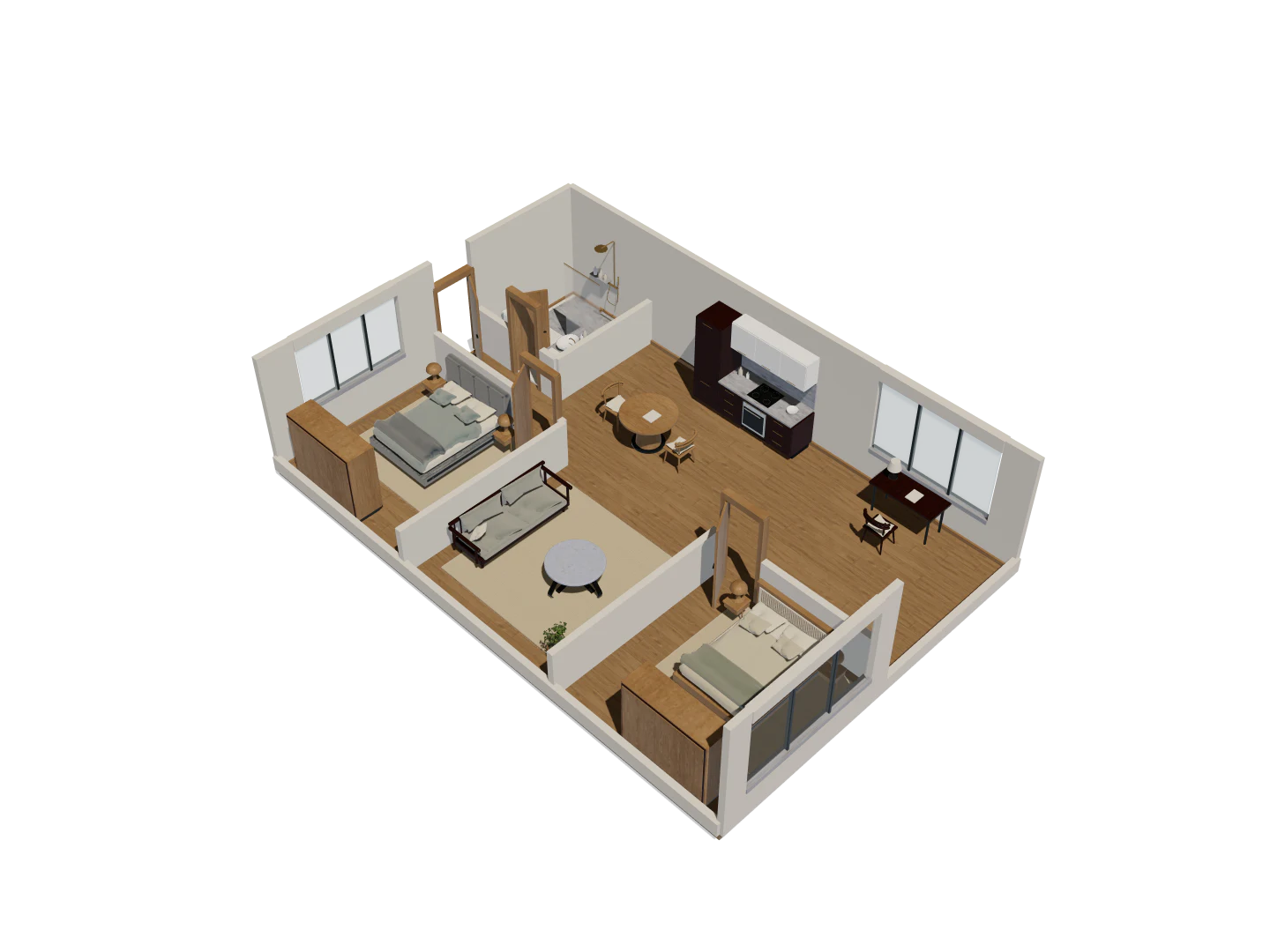 Split two-bed: Bedrooms at opposite ends of a shared central room.