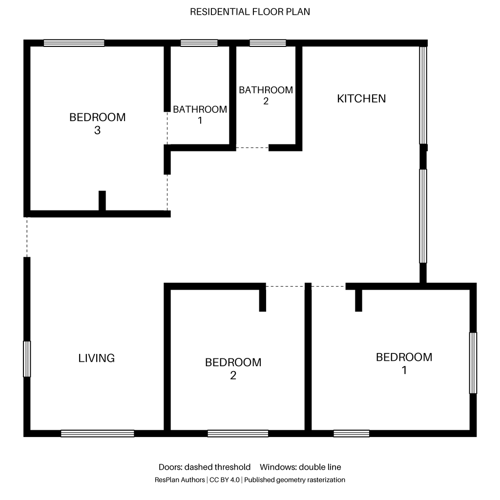ResPlan 1509 source plan with three bedrooms, two bathrooms, a kitchen, and a living area.