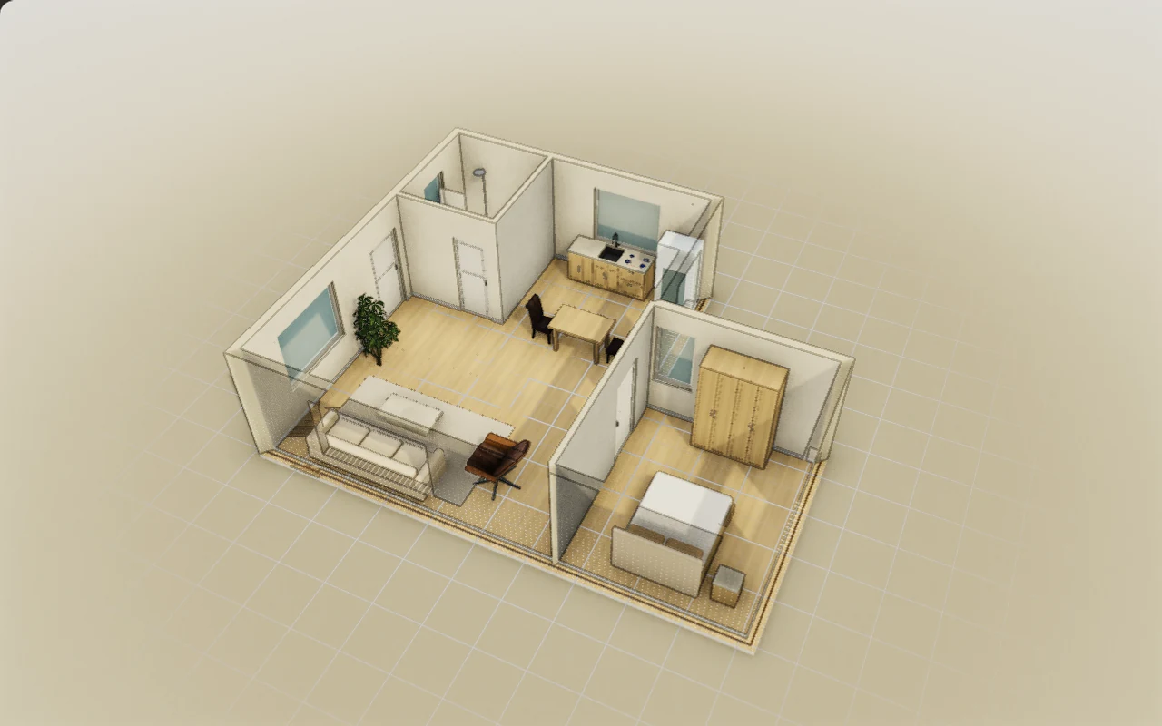 Editable l-shaped home, captured from the 3D model.