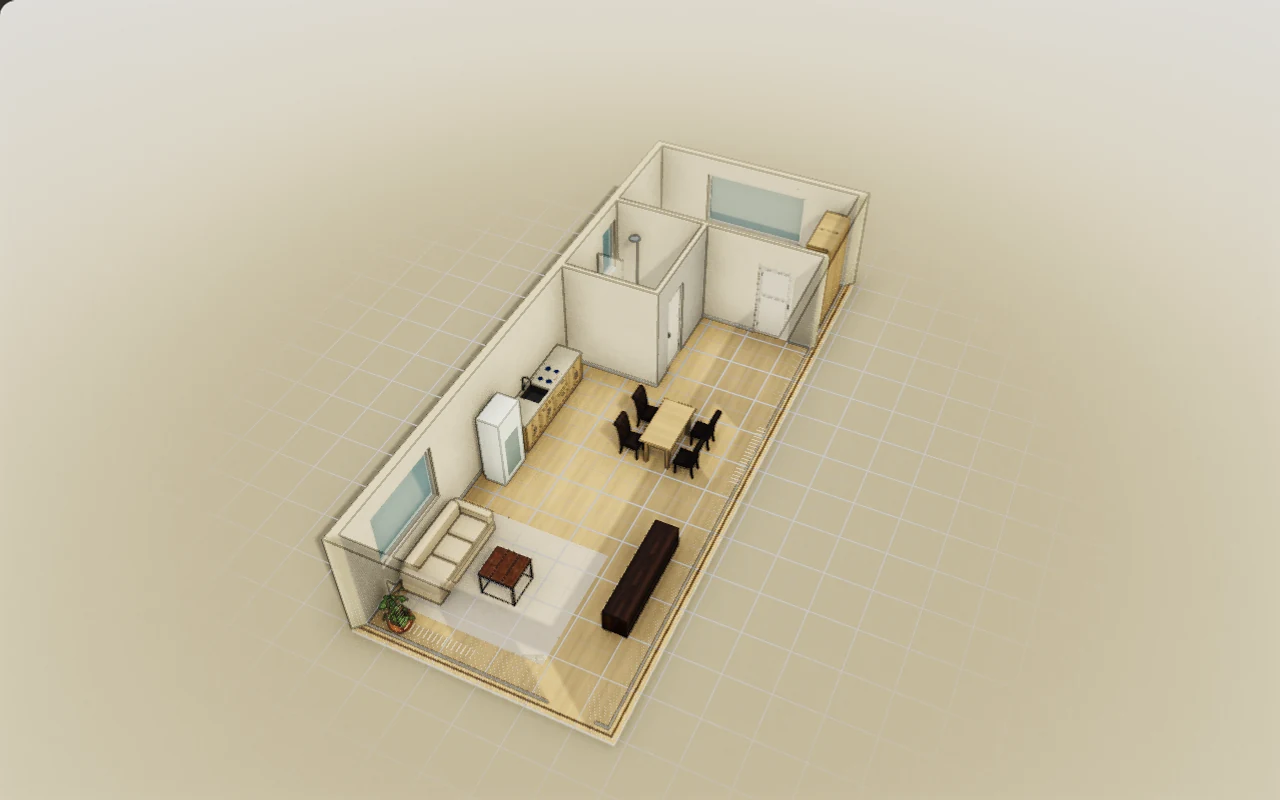 Editable long narrow home, captured from the 3D model.