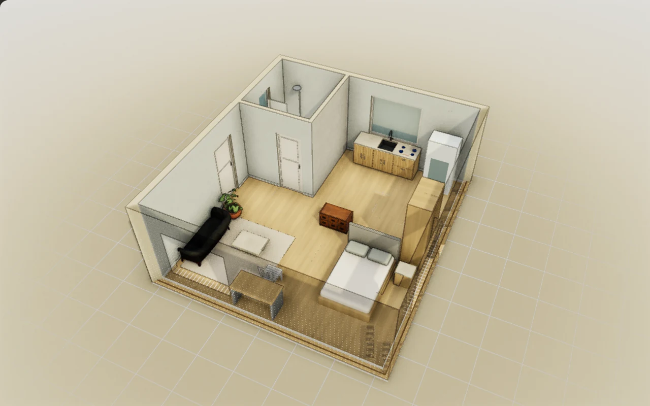 The same studio arranged for working from home, captured in the editor.