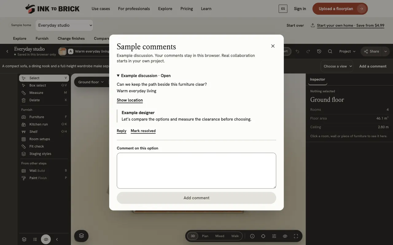 A sample comment thread beside the studio model, with its design context and reply controls.