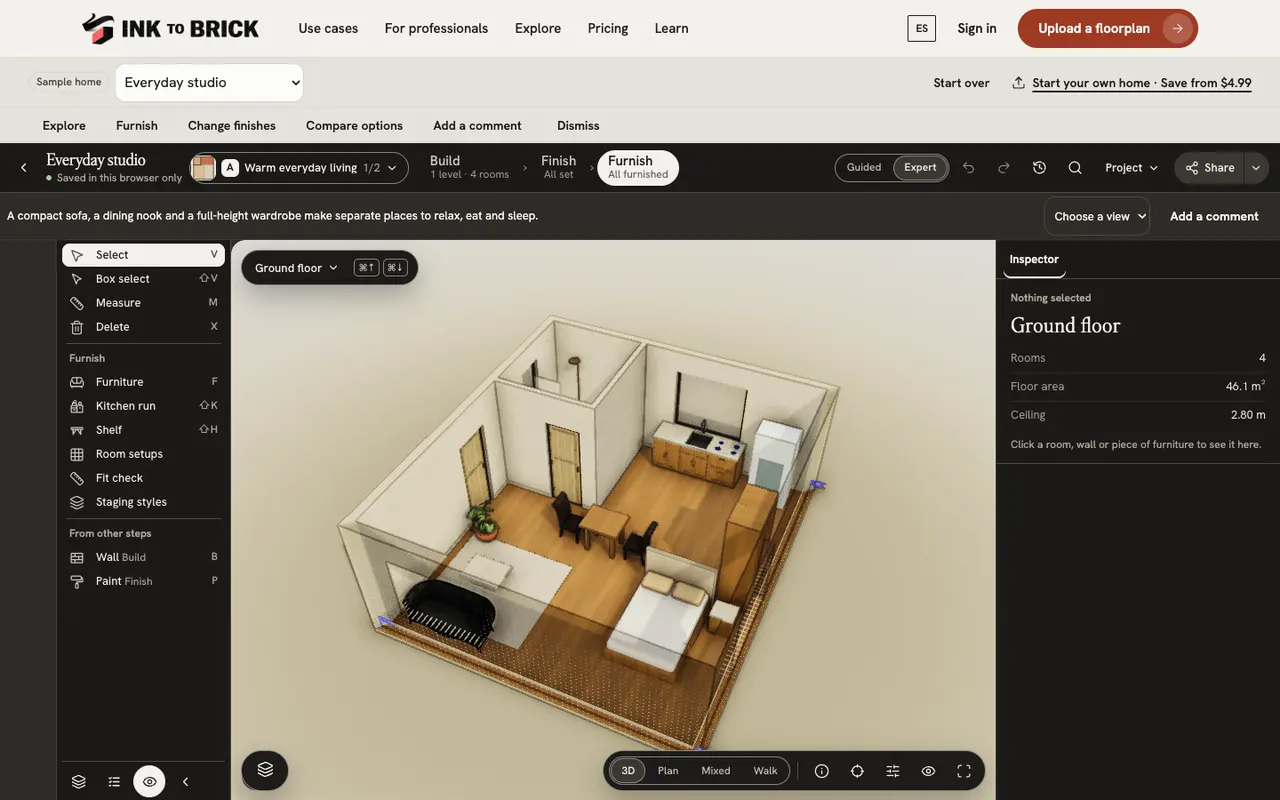 The studio in the current shared editor: Build, Finish and Furnish in the top bar, the Expert tool dock, Inspector and the bottom 3D, Plan, Mixed and Walk controls.