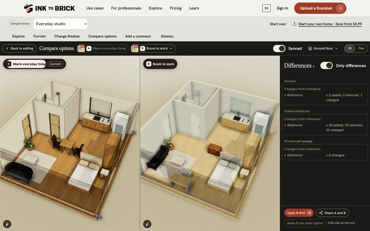 The studio’s everyday and work-from-home design options shown in the sample editor comparison.