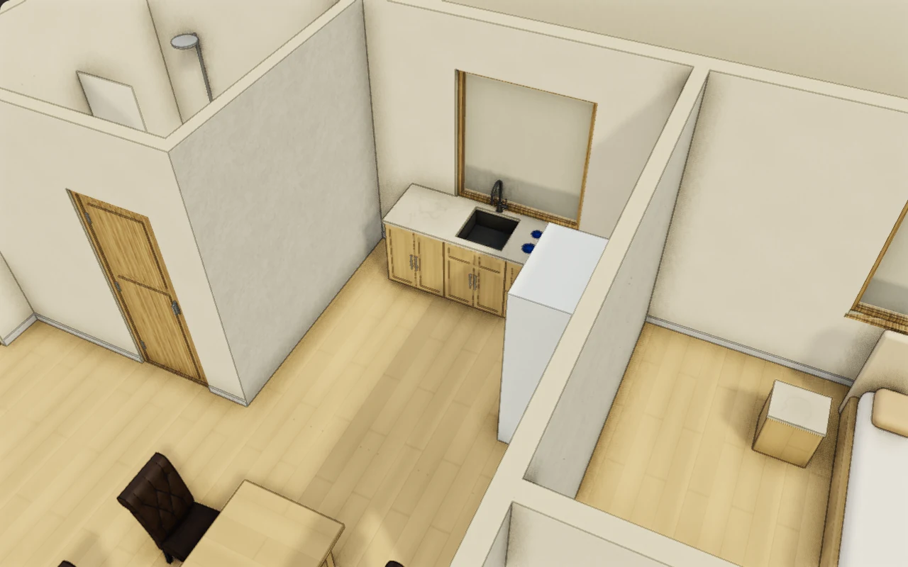 Vista cercana del ejemplo de dos habitaciones que muestra la relación entre los equipos y el espacio que los rodea.