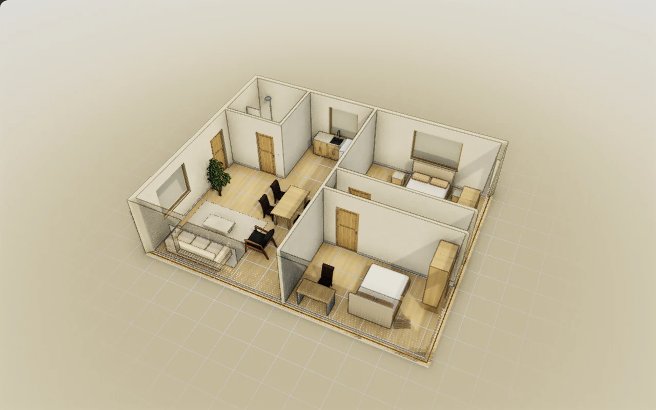 Editable two-bedroom apartment, captured from the 3D model.